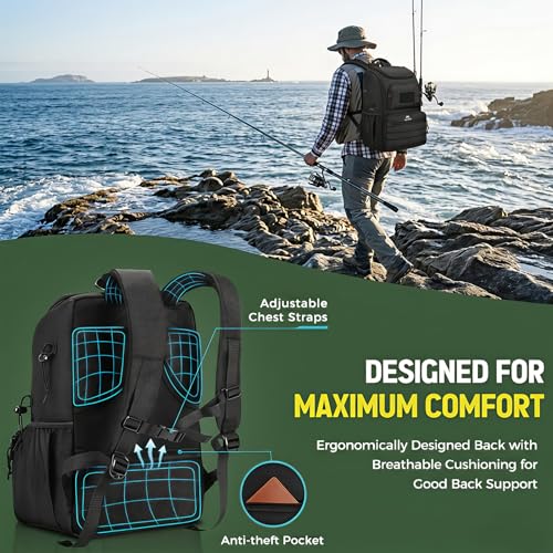 MATEIN Fishing Backpack Tackle Box, Tackle Backpack with Cooler for Men | Tackle Box Backpack, Fishing Bag with Rod Holders, Hold 4 3600 Tackle Boxes, Water Resistant, Gear Accessories, Fishing Gifts - color: Black