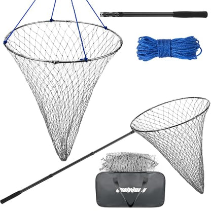 QualyQualy Foldable Pier Fishing Net 23" with Rust-Proof Stainless Steel Ring & Heavy-Duty Poly Mesh | Saltwater & Freshwater Landing Net for Kayak, Bridge Fishing Lightweight Durable Design - color: Gray