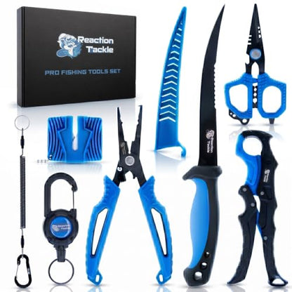 Reaction Tackle 7 Piece Fishing Tool Kit, Fillet Knife and Sharpener, Fishing Pliers, Braid Scissors, Floating Lip Gripper, Hook Remover and Lanyard, Stainless Steel for Saltwater and Freshwater