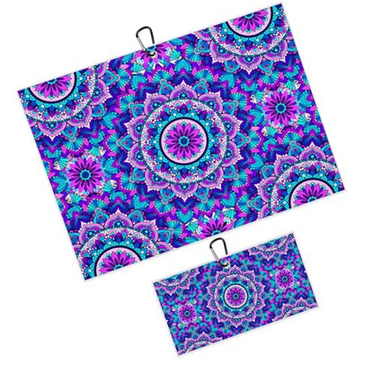 Blue Mandala Boho Golf Towel for Golf Bags Carts Mandalas Flowers Golf Towels with Clip Bohemia Waffle Towels Cleaning Cloth 2 Packs for Men Golfer Accessories, Birthday Father's Day Present - color: Blue Purple