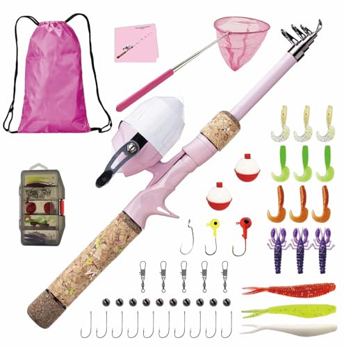 Kids Fishing Pole Set, Kids Fishing Rod and Reel Combo and Fishing Net Tackle Box with Fishing Lures Hooks and Bag for Girls Age Beginner Little Children Junior Anglers