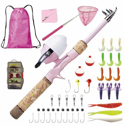 Kids Fishing Pole Set, Kids Fishing Rod and Reel Combo and Fishing Net Tackle Box with Fishing Lures Hooks and Bag for Girls Age Beginner Little Children Junior Anglers