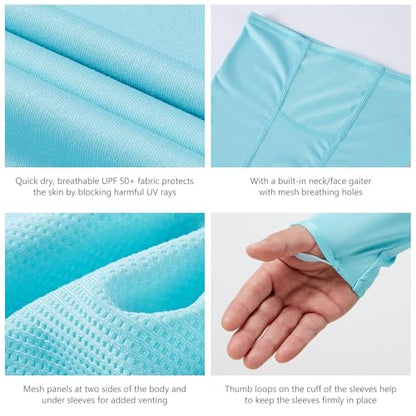 BASSDASH UPF 50+ Men’s Long Sleeve Fishing Shirt with Mask UV Neck Gaiter Hoodie - color: Turquoise, size: 4X-Large