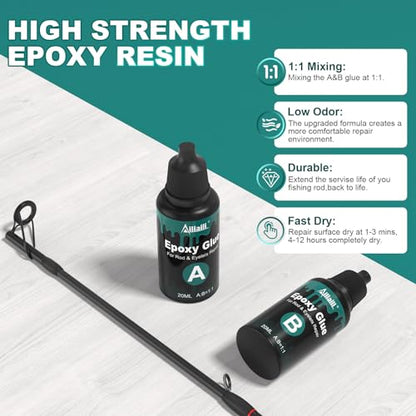 Fishing Rod Repair Supplies Kit - 40ml A&B Epoxy Glue, Wrapping Thread, Tape, and Other Accessories - Design to Bond & Hold Pole Tip, Rod Eyelet, Fishing Rod Replacement - for Men
