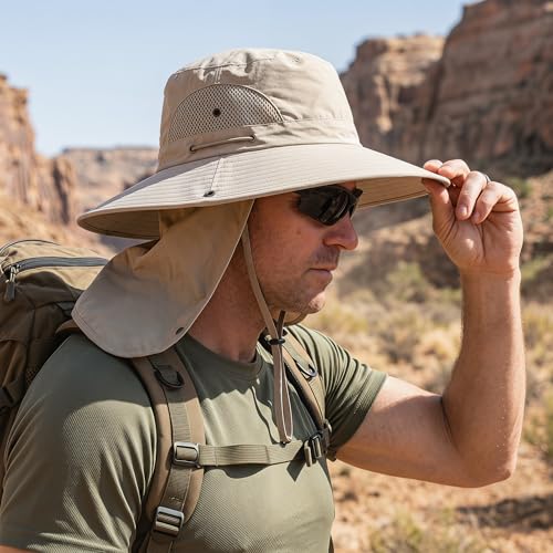Fishing Hat for Men, UPF 50+ Removable Sun Protection Cap with Face Neck Flap, Hiking & Garden Summer Sun Hat for Women (US, Alpha, One Size, Khaki)