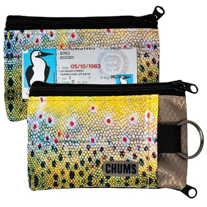 Chums Surfshorts Wallet - Lightweight Slim Wallet with RFID Blocking Card & Clear ID Window - Zippered, Water Resistant w/Key Ring - color: Brown Trout