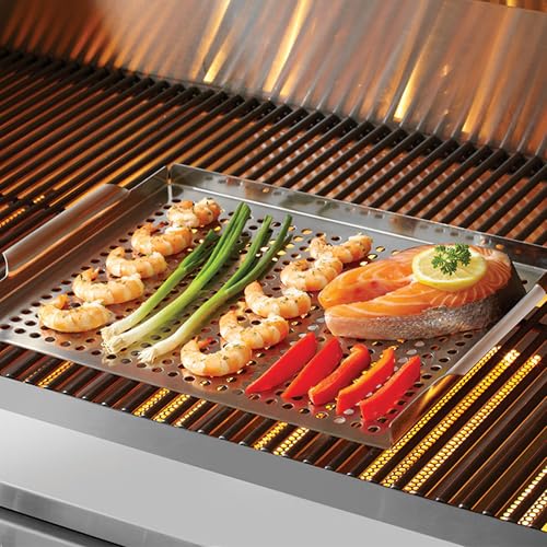 Stainless Steel BBQ Grill Topper Pan Tray for Vegetables, Meats, Skewers & Seafood - Grill Pan for Gas & Charcoal Grills & BBQ - Outdoor Cooking, Grilling, Camping & Tailgating by Mr. Bar-B-Q 06032Y - size: 16x12 Inch