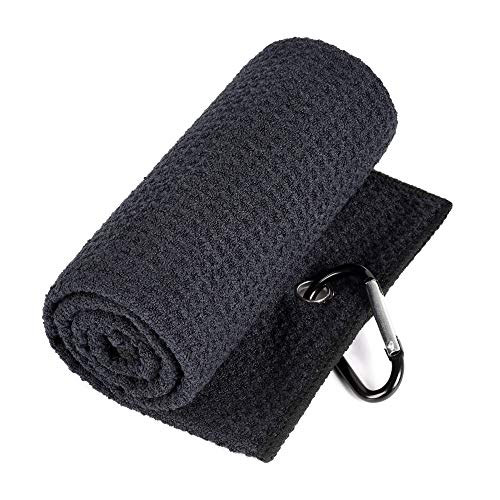 Mile High Life Microfiber Waffle Pattern Golf Towel | Club Groove Cleaner Brush | Foldable Divot Tool with Magnetic Ball Marker (Black Towel/Brush/Fish Divot) - color: Black Towel/Brush/Fish Divot