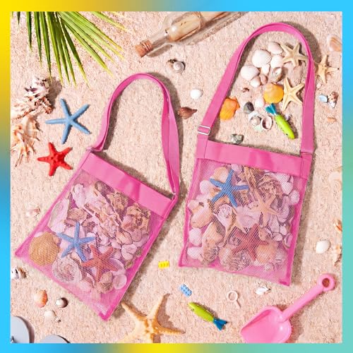 VioraWhite 2 Pcs Extra Large 14 x 16inch Clam Mesh Chum Beach Bags for Seashells Clams Treasures Sand Away Foldable Shell Collection Bags with Adjustable Straps (Pink) - color: Pink