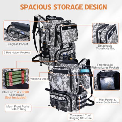 Goture Fishing Backpack, 900D Water-Resistant Tackle Backpack with Rod Holders, 58L Large Storage Gear Fishing Tackle Bag with Detachable Crossbody Bag,8 Lure Pockets,Bottle Holder for Camping Hiking - color: Digital Camo