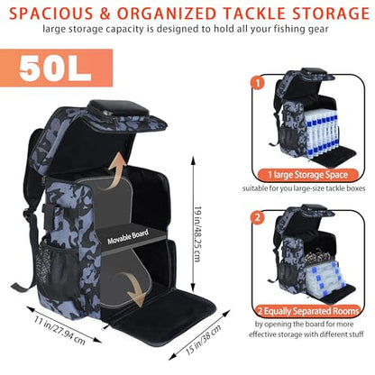 Fishing Backpack with Rod Holder and Tackle Boxes, Cooler, Large 50L Fishing Gear Bag with 139 Fishing Lures Kit, Fish Tool Set, Fish Gifts for Men Woman-Camo Backpack - color: Camo