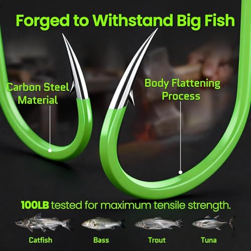 FishTrip 50 Pcs Octopus Fishing Hooks, Circle Hooks for Saltwater Fishing | Offset Beak High Carbon Steel Live Bait Fish Hooks Fluorescent Green Freshwater for Rigs Catfish, Bass Tuna, Walleye, Trout - size: 5/0_50pcs