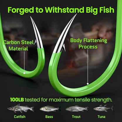 FishTrip 50 Pcs Octopus Fishing Hooks, Circle Hooks for Saltwater Fishing | Offset Beak High Carbon Steel Live Bait Fish Hooks Fluorescent Green Freshwater for Rigs Catfish, Bass Tuna, Walleye, Trout - size: 2#_50pcs