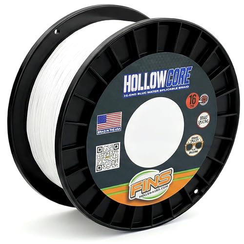 FINS Hollow Core Braided Fishing Line – USA Made, 16-Strand Spliceable Bluewater Braid, Knotless Leader Connections, Greater Reel Capacity, Superior Strength for All Offshore Saltwater Fishing - color: White, size: 300 Yards