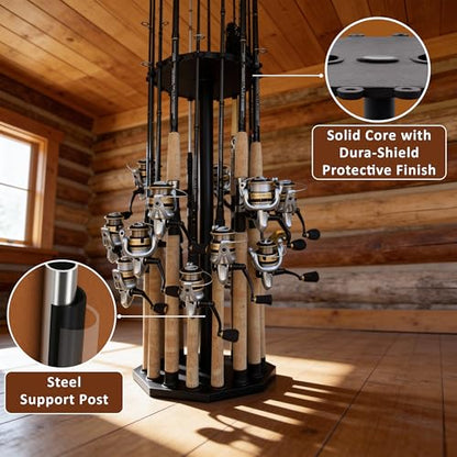 Rush Creek Creations 16-Rod Round Fishing Rod Holder for Garage, 360° Access Fishing Pole Holder for Fishing Rods, Reels, Gear, and Accessories, Securely Holds 16 Rods, Black - color: Black