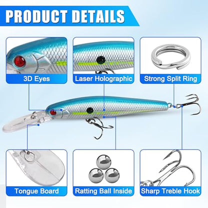 10pcs Fishing Lures Kit Minnow Hard Baits Deep Diving Crankbait Jerkbait Swimbait Lifelike Walleye Fishing Lures Trolling Lures for Bass Trout Pike Catfish Saltwater Freshwater