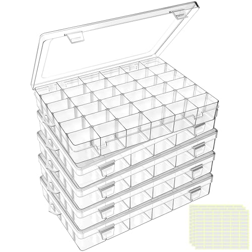 DILIBRA 5 Pack 36 Grids Large Plastic Organizer Box with Adjustable Dividers, Clear Craft Organizers Bead Organizers with Label Stickers, Compartment Container for Beads Crafts Jewelry Fishing Tackles - size: 5 Pack 180 Grids