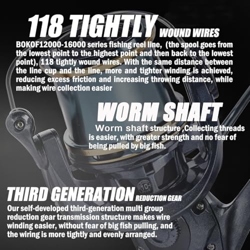Heavy Duty Spinning Reel Metal Body with CNC Machined Spool 55LB Max Drag 8/10+1 BB Ultra Smooth 4.1/4.6/4.8:1 High Speed Gear Ratio Saltwater Freshwater Fishing Reel for 8000 to 16000 Series - color: BOKOF12000