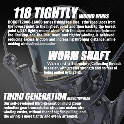 Heavy Duty Spinning Reel Metal Body with CNC Machined Spool 55LB Max Drag 8/10+1 BB Ultra Smooth 4.1/4.6/4.8:1 High Speed Gear Ratio Saltwater Freshwater Fishing Reel for 8000 to 16000 Series - color: BOKOF12000