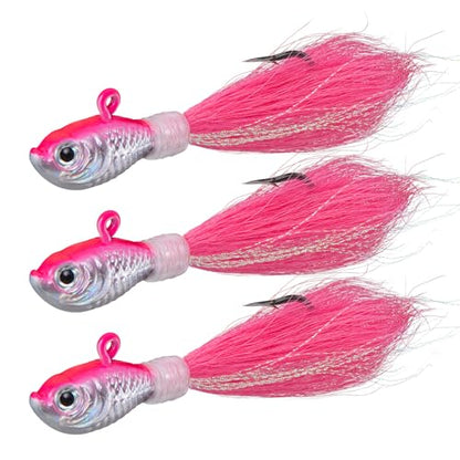 Dr.Fish 3 Pack Bucktail Jig Lure Hair Jig Saltwater Freshwater Lures Surf Fishing Bass Flounder Striper Bluefish Halibut Redfish - color: Pink, size: 1/2 oz