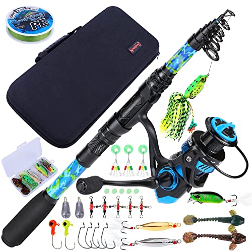 Sougayilang Telescopic Fishing Rod and Reel Combo – Full Kit with Carrier Bag, 11+1 Bearings Spinning Reel, Carbon Fiber Travel Pole for Bass, Trout, Catfish, Redfish – Saltwater Freshwater - color: Blue Full Kit with Carrier Case, size: 5.9 ft
