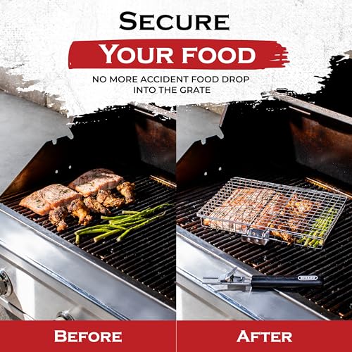 SHIZZO Grill Basket Gift Set - Removable Wooden Handle - Non-Stick Stainless Steel, BBQ Grilling Rack for Fish, Shrimp, Vegetables - Camping & Outdoor Smoker Accessories, Gifts for Dad, Husband