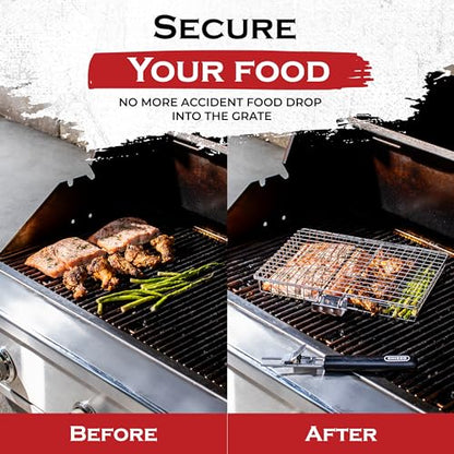 SHIZZO Grill Basket Gift Set - Removable Wooden Handle - Non-Stick Stainless Steel, BBQ Grilling Rack for Fish, Shrimp, Vegetables - Camping & Outdoor Smoker Accessories, Gifts for Dad, Husband