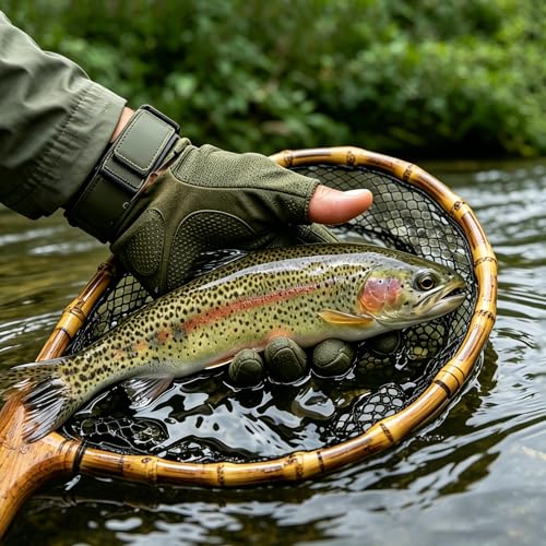 Floating Handcrafted Bamboo Fly Fishing Landing Net, Solid Wood Handle, Soft Rubber Coated Mesh for Trout, Kayak & Stream Fishing, Includes Magnetic Release & Safety Lanyard - size: Middle, style: Curved Handlebar