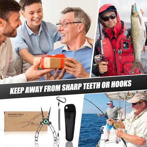 Fishing Pliers with Innovative Ergonomical Handle, Corrosion Saltwater Resistant,Fishing Multitool Hook Remover Braided Fishing Line Cutting, Split Ring with Coiled Lanyard and Sheath - color: Dark Gray-6.6"