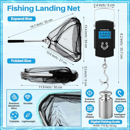 Threehoney Set of 4 Saltwater Fishing Cast Net, Foldable Fish Bucket, Folding Fishing Landing Net, and 110lb Digital Scale, 6 Gallon Live Fish Bait Bucket - color: Black, size: 6ft