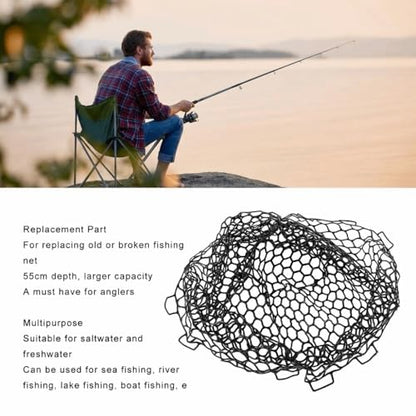 Landing Net Mesh, 55cm Deepened Soft Flexible Rubber Fishing Net Bag, Black Anti-Snag Landing Mesh for Freshwater, Saltwater and Fly Fishing Use