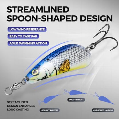 Spinner Spoons Hard Metal Fishing Bait Lures Kit for Pike Walleye Musky Bass Trout-3D Eyes & Treble/Single Hooks with Tackle Box in Freshwater and Saltwater - color: Color A-5PCS
