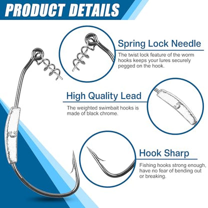 Weighted Swimbait Hooks,10pcs Jig Heads with Twistlock Weighted Soft Plastic Worm Fishing Hooks for Bass Fishing Saltwater Freshwater - size: 5 Sizes Mixed-26pcs
