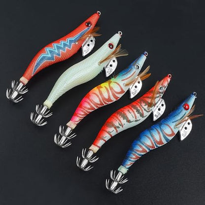 Glow Squid Jig Saltwater Squid Lures, 5/10pcs Luminous Squid Jig Hooks Shrimp Prawn Lures Fluorescent Cuttlefish Sleeve Octopus Jigs Artificial Baits Night Fishing Tackle Size 2.5# 3# 3.5# - size: 2.5#-10pcs