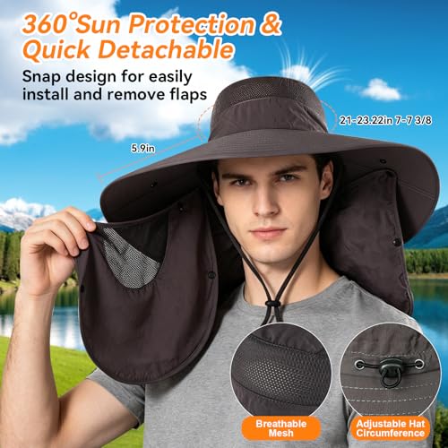 Super Wide Brim Fishing Hat UPF 50+ Sun Safari Hat with Removable Neck Face Flap - color: Dark Grey