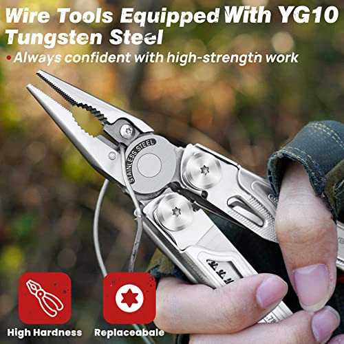 BIBURY Multitool Pliers BI2038B, 22-in-1 Stainless Steel Multi Tool with Flint, Window Breaker, Scissors, Back Clip, Folding Pocket Multifunctional Self-locking EDC Tool for Survival Camping Hiking - size: 22-IN-1