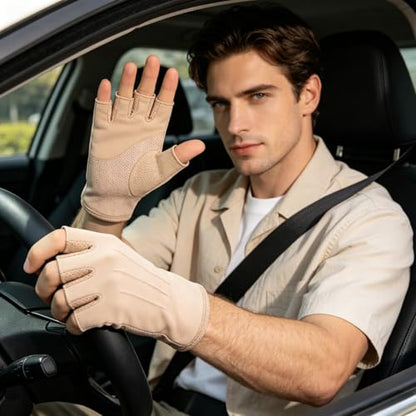 JIAHG Women Men's Driving Gloves Summer UV Sun Glove Non Slip Touchscreen Cotton Gloves Outdoor Sunblock Mittens for Cycling - color: Cotton-khaki Half Finger