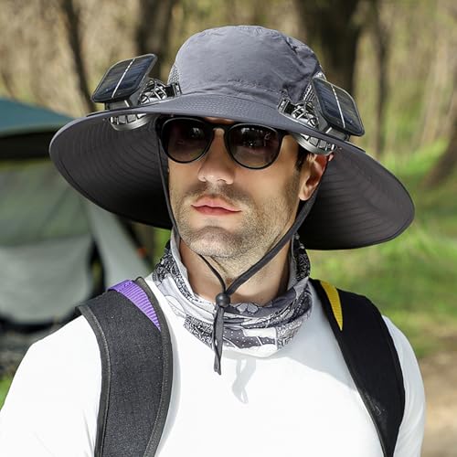 Solar Powered Fan Hat with 2 Fans, Wide Brim Sun Hat for Men Women, Adjustable Cooling Fishing Hat for Outdoor - color: Dark Gray