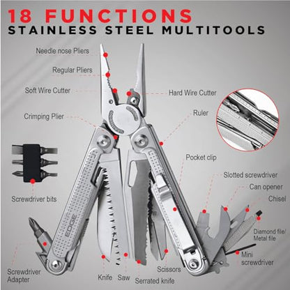 EDGE Multi-Tool Pliers, 14-in-1 Stainless Steel Multitool with Knife, Saw, Scissors, Wire Cutter & Screwdriver Bits, Compact Folding Pocket Tool for Camping, Survival, Fishing & Car Emergency (Silver) - color: Silver