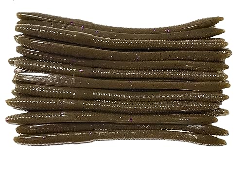 20 Pcs 6.25" Drop Shot Finesse Worms (Scented, Floats) Soft Plastic Baits for Bass Fishing - color: Green Pumpkin/Purple Flakes