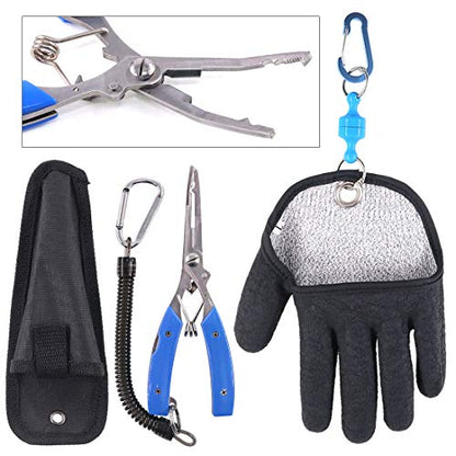 Swpeet 2Pcs Fishing Gear Set, Fisherman Professional Fishing Glove with Magnet Hooks Release and Fishing Pliers Cutters Split Ring Pliers Hook Remover Fish Holder Sheath Lanyard - color: Left, size: Large