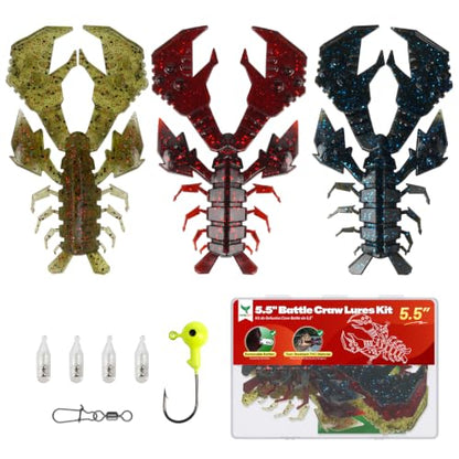 5.5" Battle Crawfish Soft Fishing Swim Baits with Rattles for Bass Fishing | Durable Crawdad Fishing Lures Kit for Bass Redfish Trout Crappie, Freshwater Saltwater Use, 3pcs Red Green Blue Color Pack