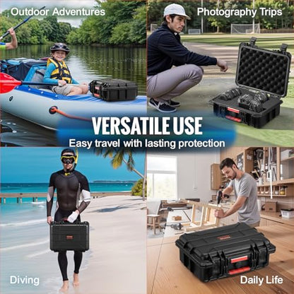 VEVOR Weatherproof Hard Case, Heavy Duty Protective Dry Box with Pre-cut Foam, Retractable Pull Handles for Travel, Hunting, Military, Tactical, IP67 Waterproof Case for Cameras(14.96x11.81x5.51) - size: 14.96 x 11.81 x 5.51 in