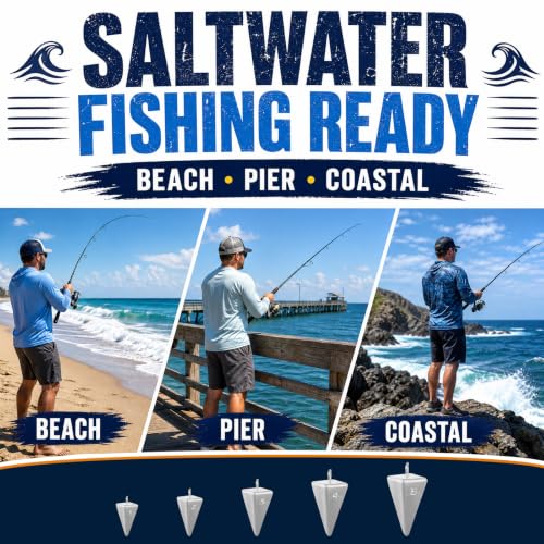 Pyramid Sinkers Fishing Weights 45-Piece Assortment Kit (1oz 15pcs, 2oz 12pcs, 3oz 8pcs, 4oz 8pcs, 5oz 2pcs), Lead Surf Fishing Weights for Saltwater Ocean Beach & Pier Fishing