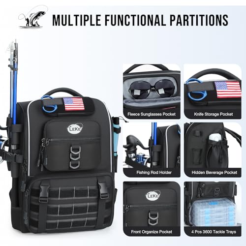 Lekesky Fishing Backpack with 4 Tackle Boxes, 40L Tackle Bag with Rod Holders, Tactical Storage Gear for Men, Black