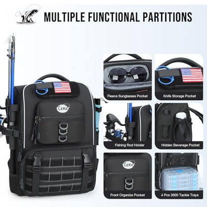 Lekesky Fishing Backpack with 4 Tackle Boxes, 40L Tackle Bag with Rod Holders, Tactical Storage Gear for Men, Black