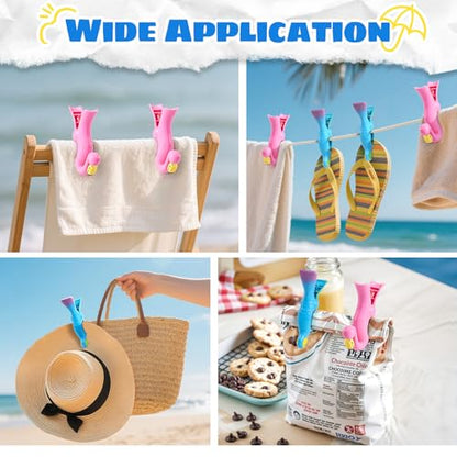4 Pcs Towel Clips for Beach Chairs, Jumbo Size Beach Towel Clips Windproof Grip Secure Hang Towel Holder Clothes Pins Decorative Towel Clips for Pool, Cruise, Patio, Holiday Travel(Flamingo,Parrot) - style: Style:Flamingo+Parrot