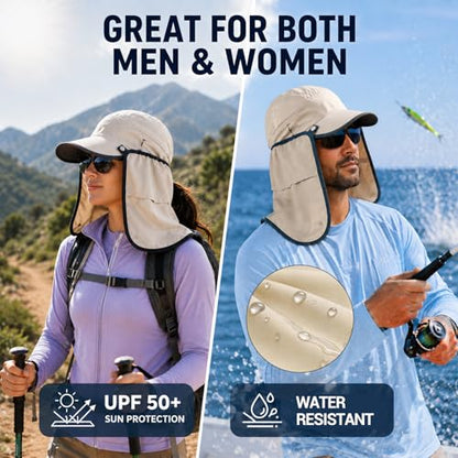 Palmyth Fishing Sun Hat with Detachable Neck Flap UPF 50+ Baseball Cap | Convertible Ventilation Panel, Sunglass Lock, Water Resistant, Foldable, Ventilation Holes, 3 Ways to Wear, Men & Women - color: Beige