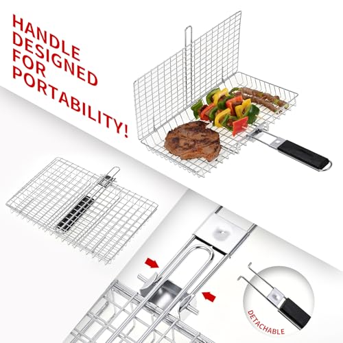 Portable Grill Baskets WINHONW Bbq net BBQ Grilling Basket veggie grill basket Folding with Removable Handle.Grill Vegetable basket BBQ Accessories Grilling Barbecue Basket Grill Baskets Grill net for Outdoor Grilling
