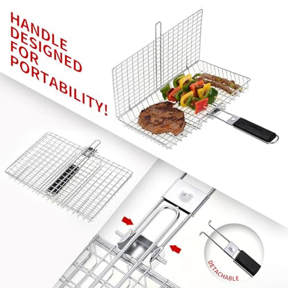 Portable Grill Baskets WINHONW Bbq net BBQ Grilling Basket veggie grill basket Folding with Removable Handle.Grill Vegetable basket BBQ Accessories Grilling Barbecue Basket Grill Baskets Grill net for Outdoor Grilling